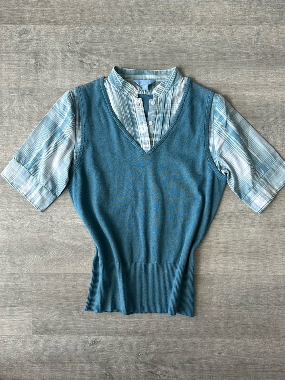 Denver Hayes Blue Layered V-Neck Knit Top with Plaid Shirt Inset